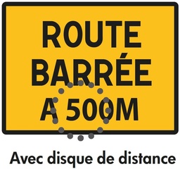 Panneau temporaire KC 'Route barrée à ... m' avec disque de distance