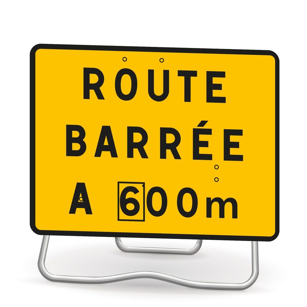 Panneau temporaire KC 'Route barrée à ... m' avec disque de distance