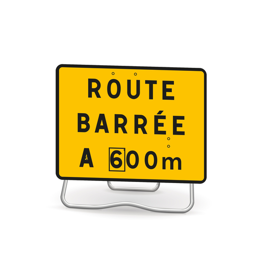 Panneau temporaire KC 'Route barrée à ... m' avec disque de distance