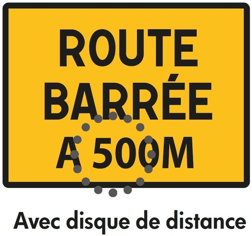 Panneau temporaire KC 'Route barrée à ... m' avec disque de distance